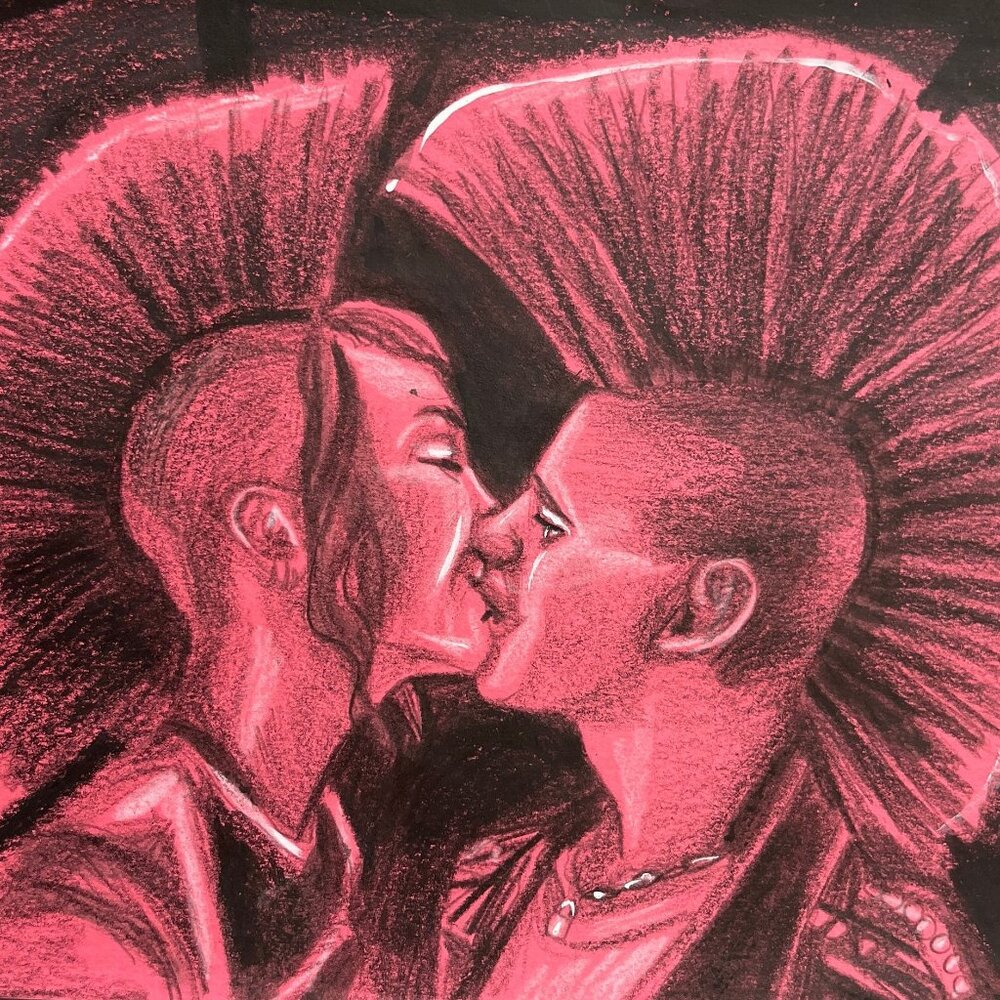 punk rock love drawing original art ready to frame mohawks kissing